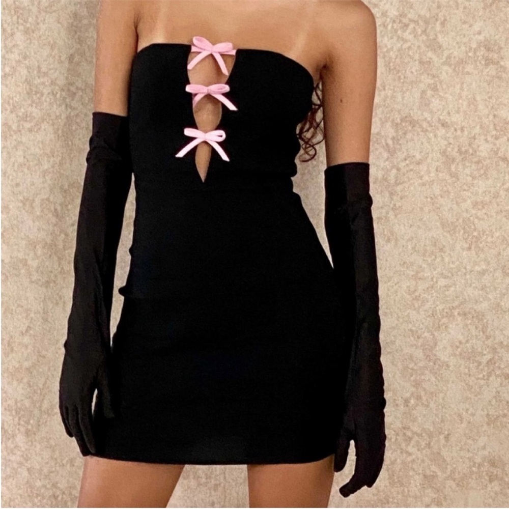 Motel Rocks Black Strapless mini Dress w pink bows cutouts